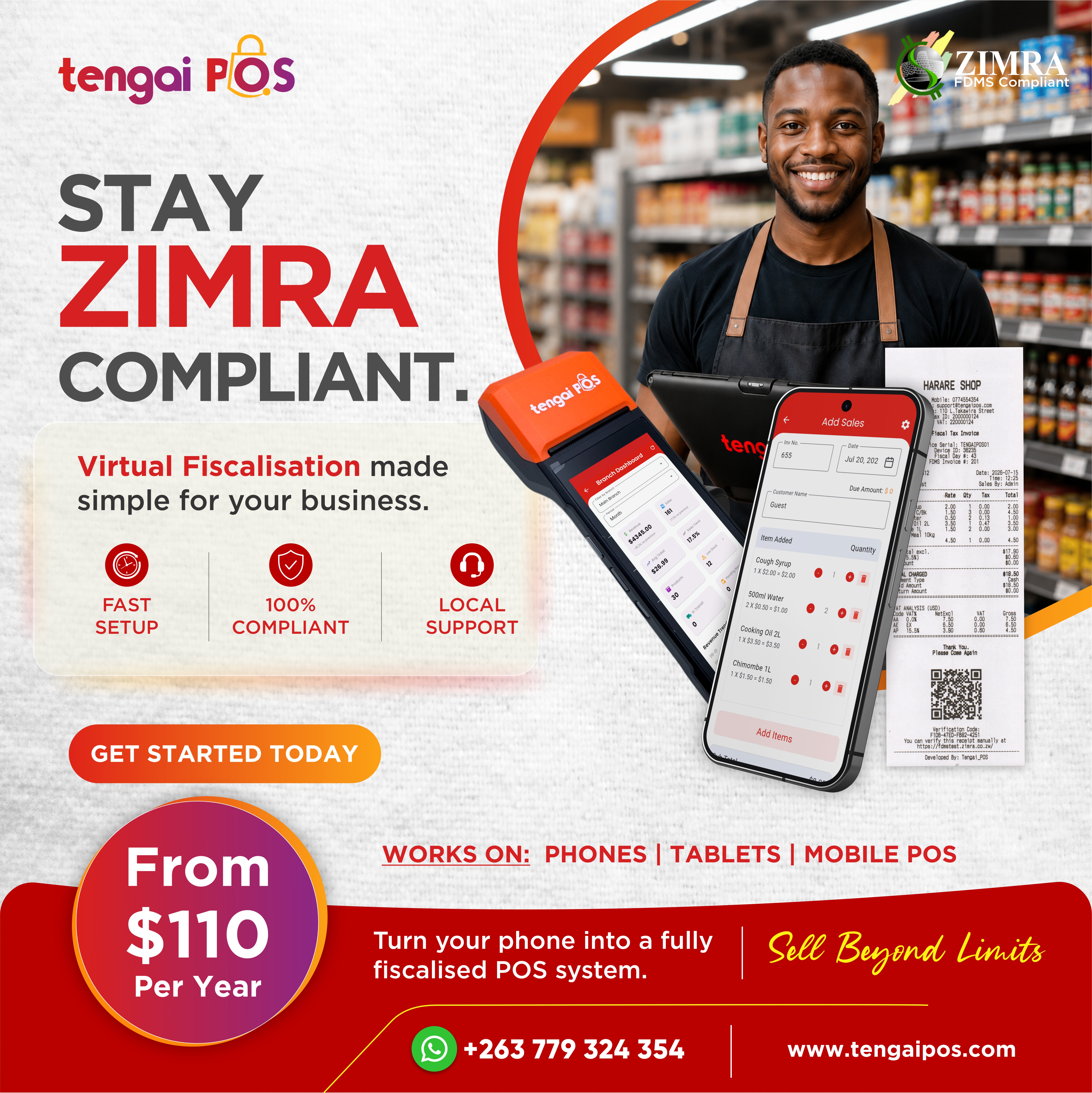 Tengai POS virtual fiscalisation poster showing ZIMRA compliant receipts